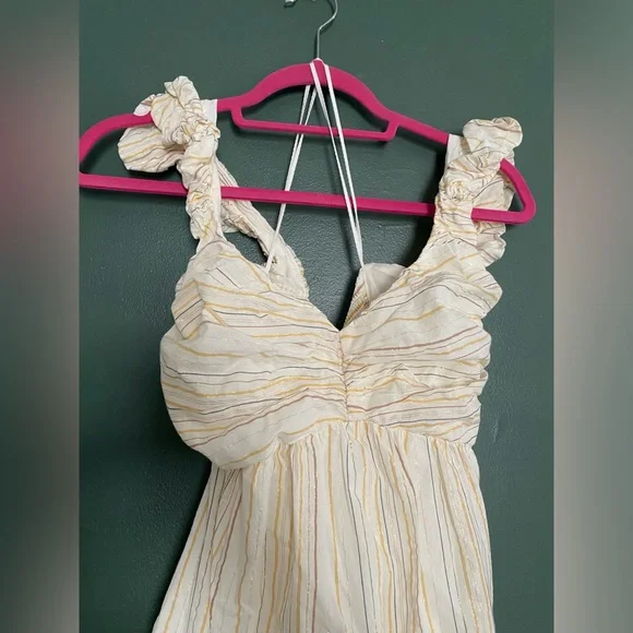 GAP- midi dress sleeveless tiered metallic stripe cotton blend puff strap ruched - Picture 9 of 16